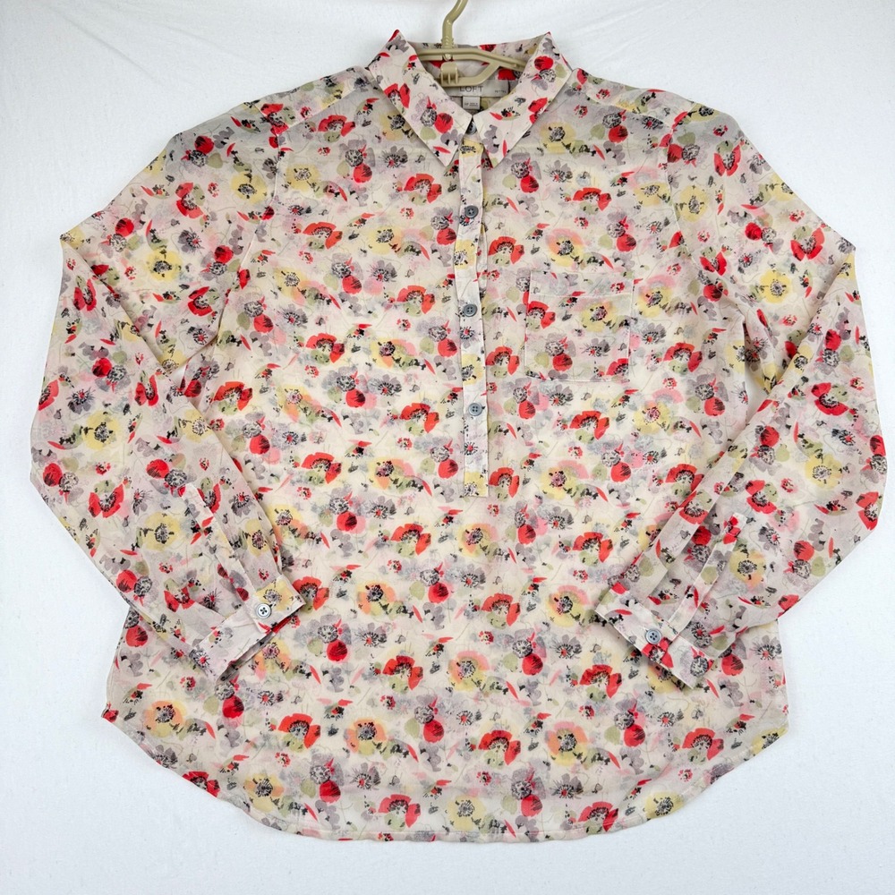 Loft Petites Floral Sheer Blouse Red Yellow Poppy Print MP Long Sleeve Top